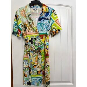 Le Ragazze‎ Made In Italy Multicolor Print Short Sleeve Belted Dress Medium